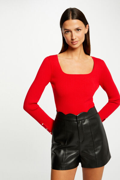 Jersey manga larga acanalado rojo mujer
