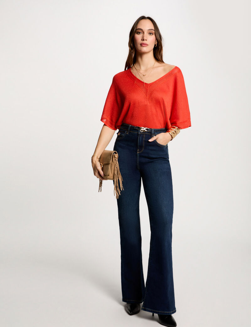Jersey escote en V manga corta naranja oscuro mujer