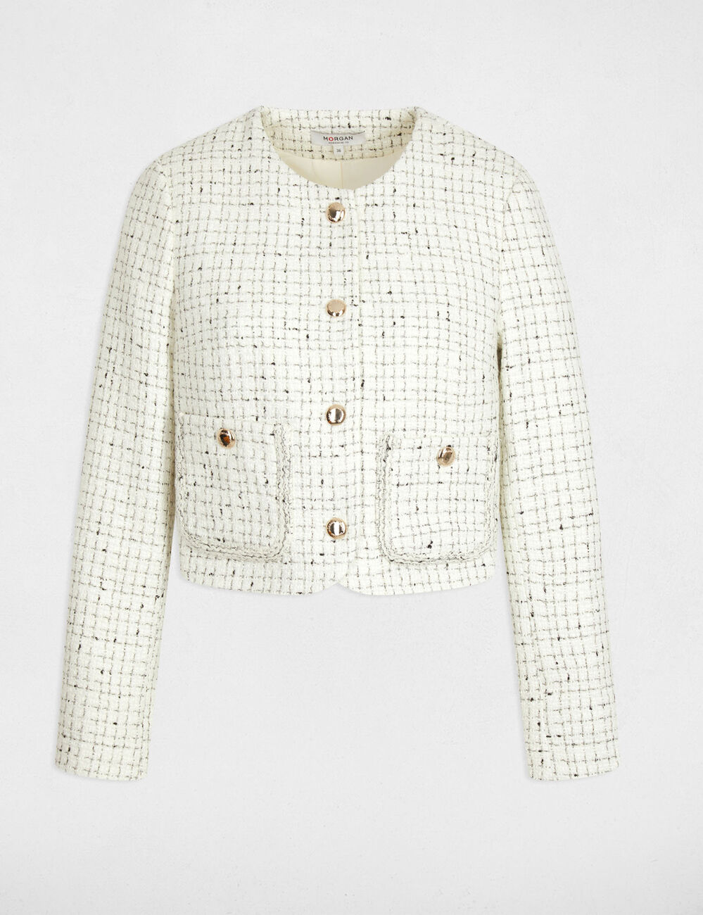 Chaqueta entallada cuello redondo marfil mujer