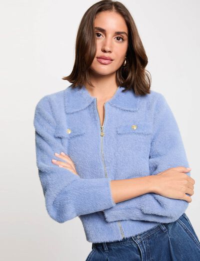 C&aacute;rdigan manga larga cuello de solapa azul mujer