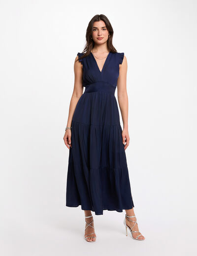 Vestido largo con cuello en V azul marino mujer