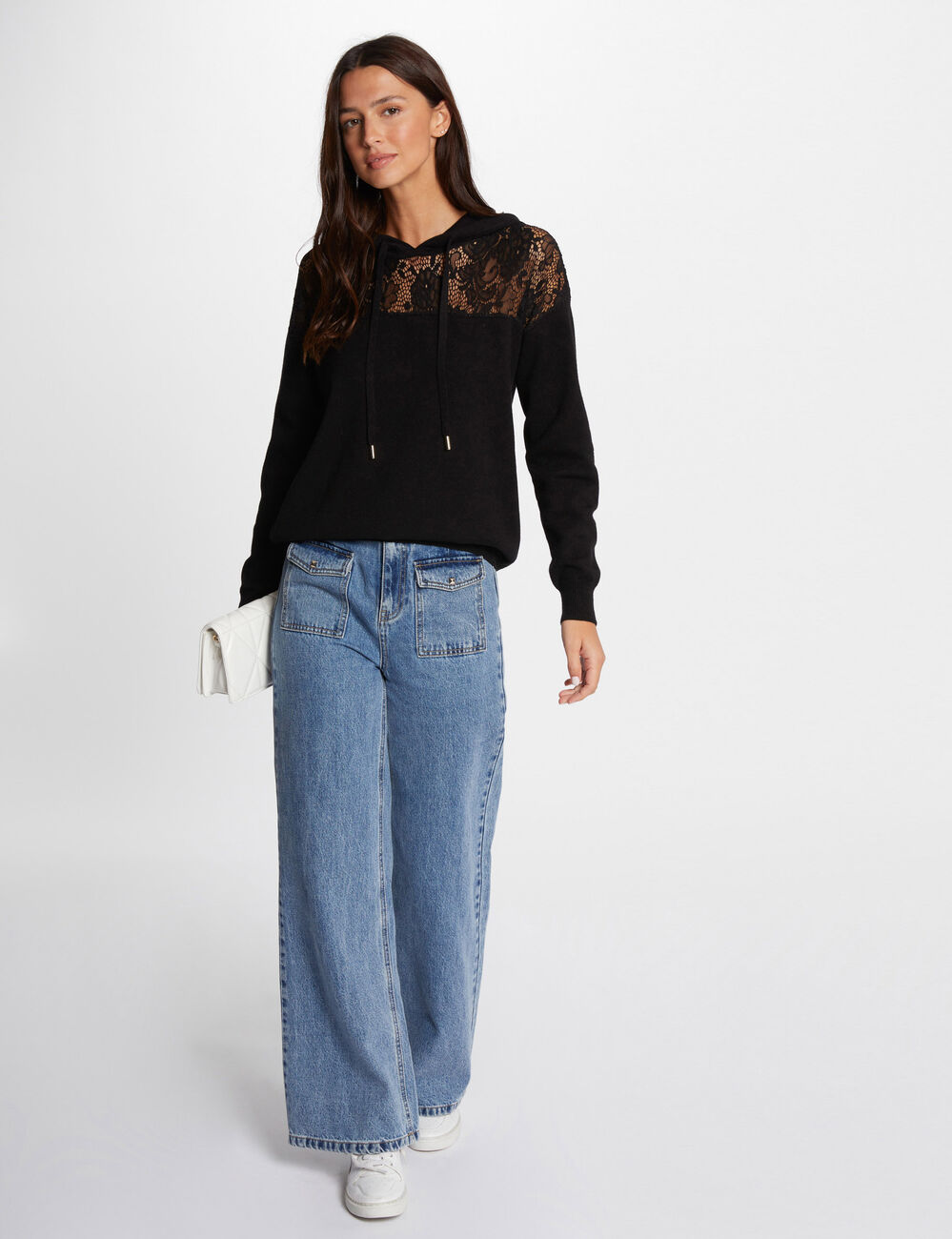 Jersey capucha y encaje negro mujer