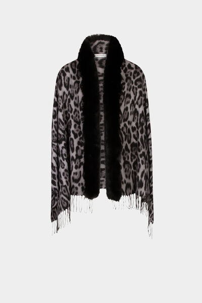Poncho estampado de leopardo gris moyen mujer