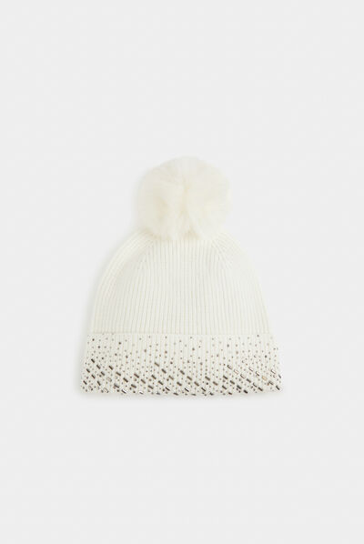 Gorro con strass y pompón beige mujer