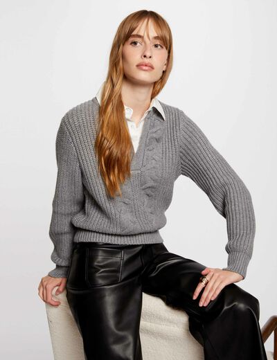 Jersey cuello tipo camisa gris moyen mujer