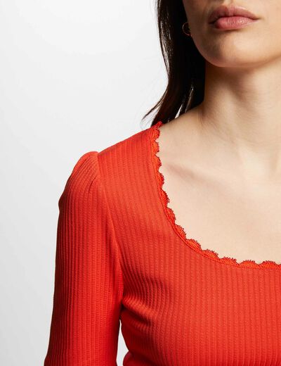 Camiseta acanalada manga corta naranja oscuro mujer