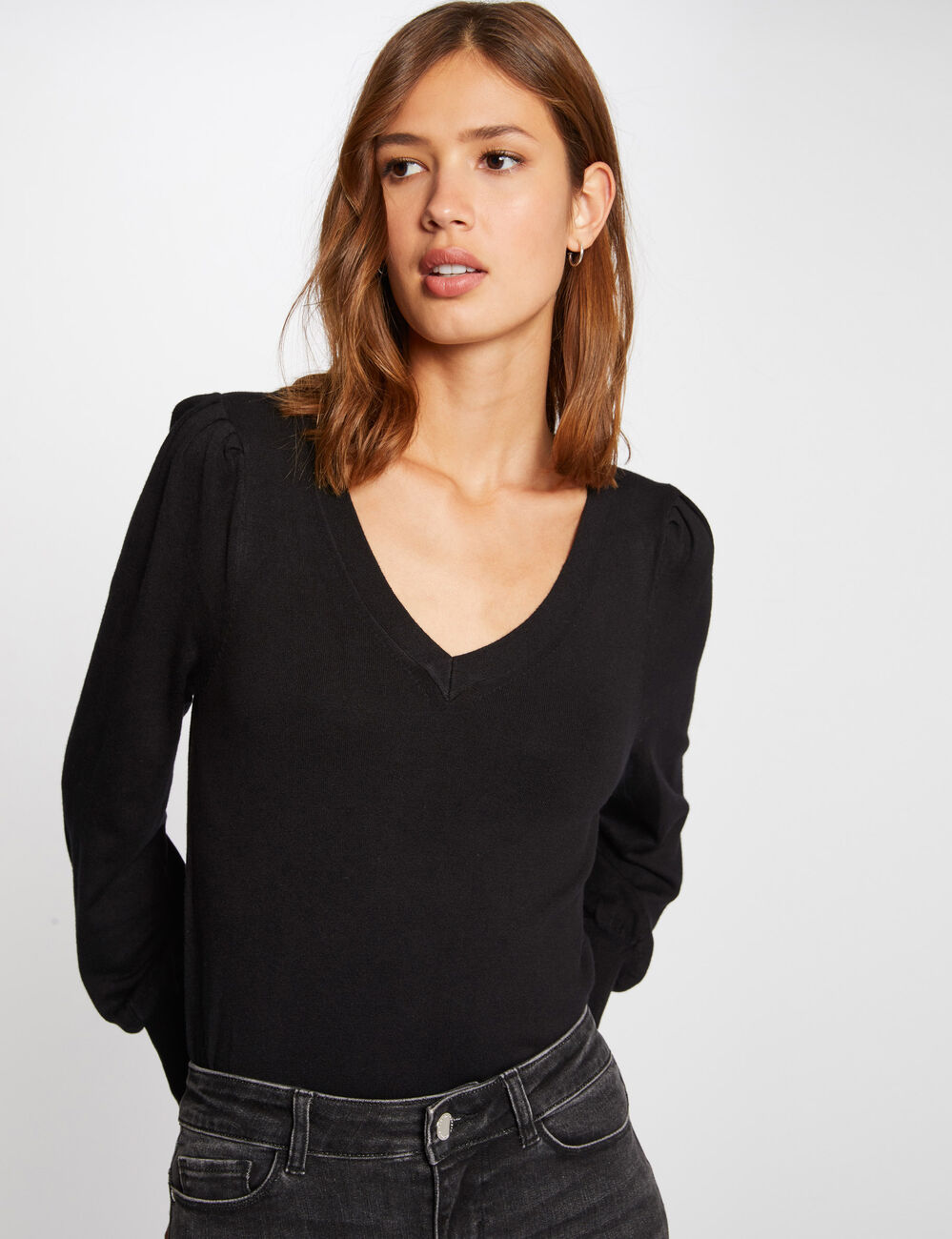 Jersey manga larga con escote en V negro mujer