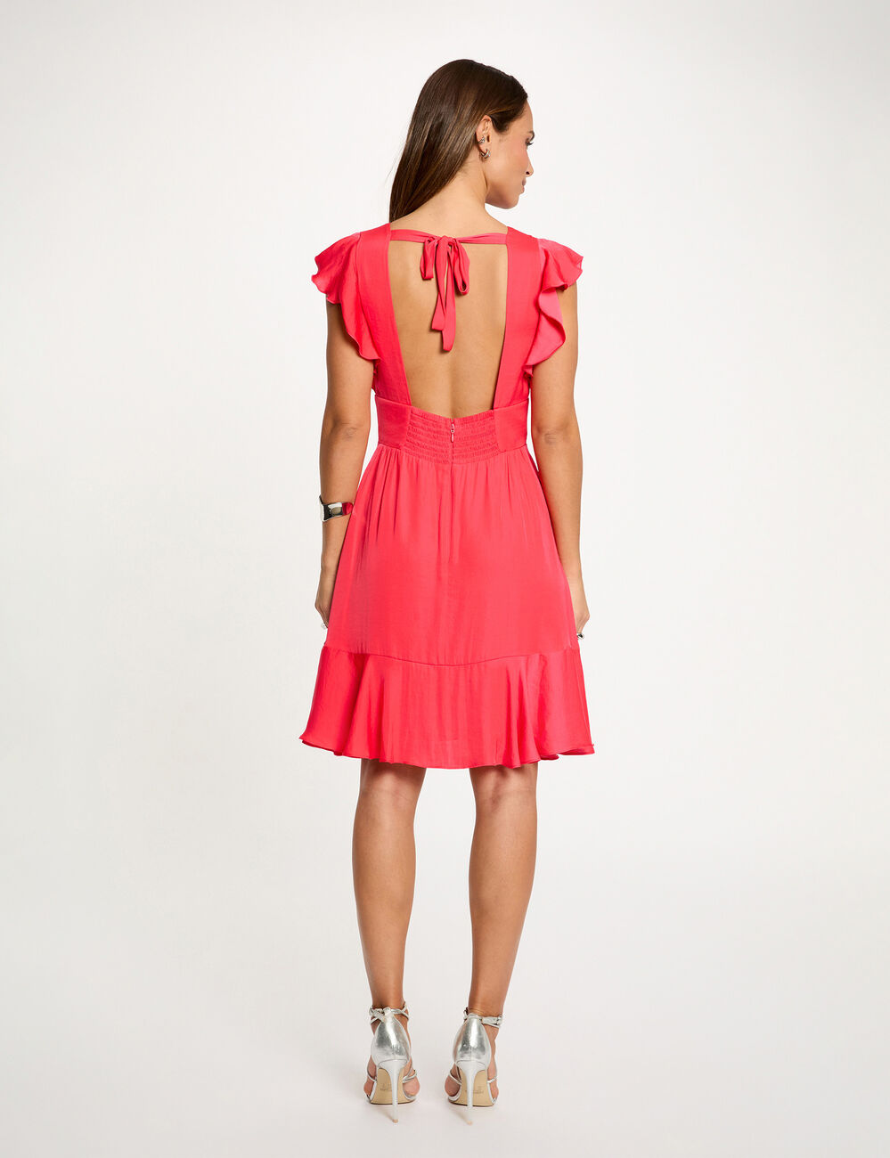 Vestido de sat&eacute;n con espalda abierta rojo coral mujer