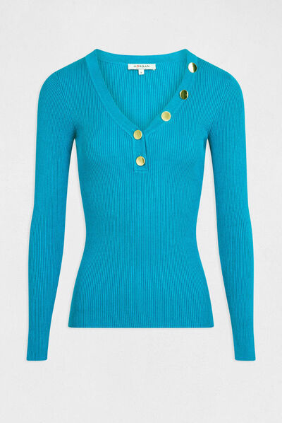 Jersey de manga larga punto fino botones azul mujer