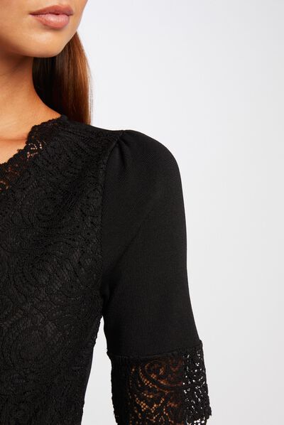 Jersey manga corta con encaje negro mujer