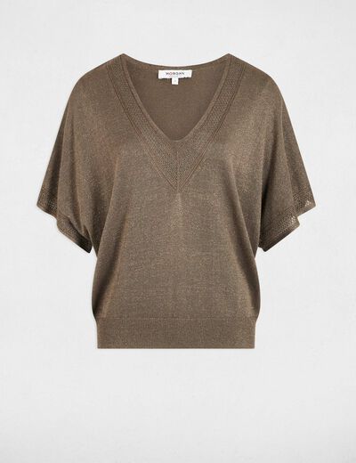 Jersey escote en V manga corta verde caqui mujer