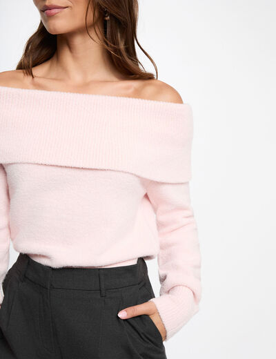 Jersey con cuello bardot rosa claro mujer