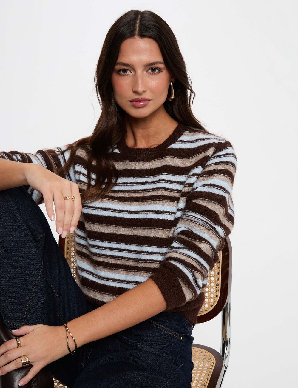 Jersey de rayas con cuello redondo beige mujer