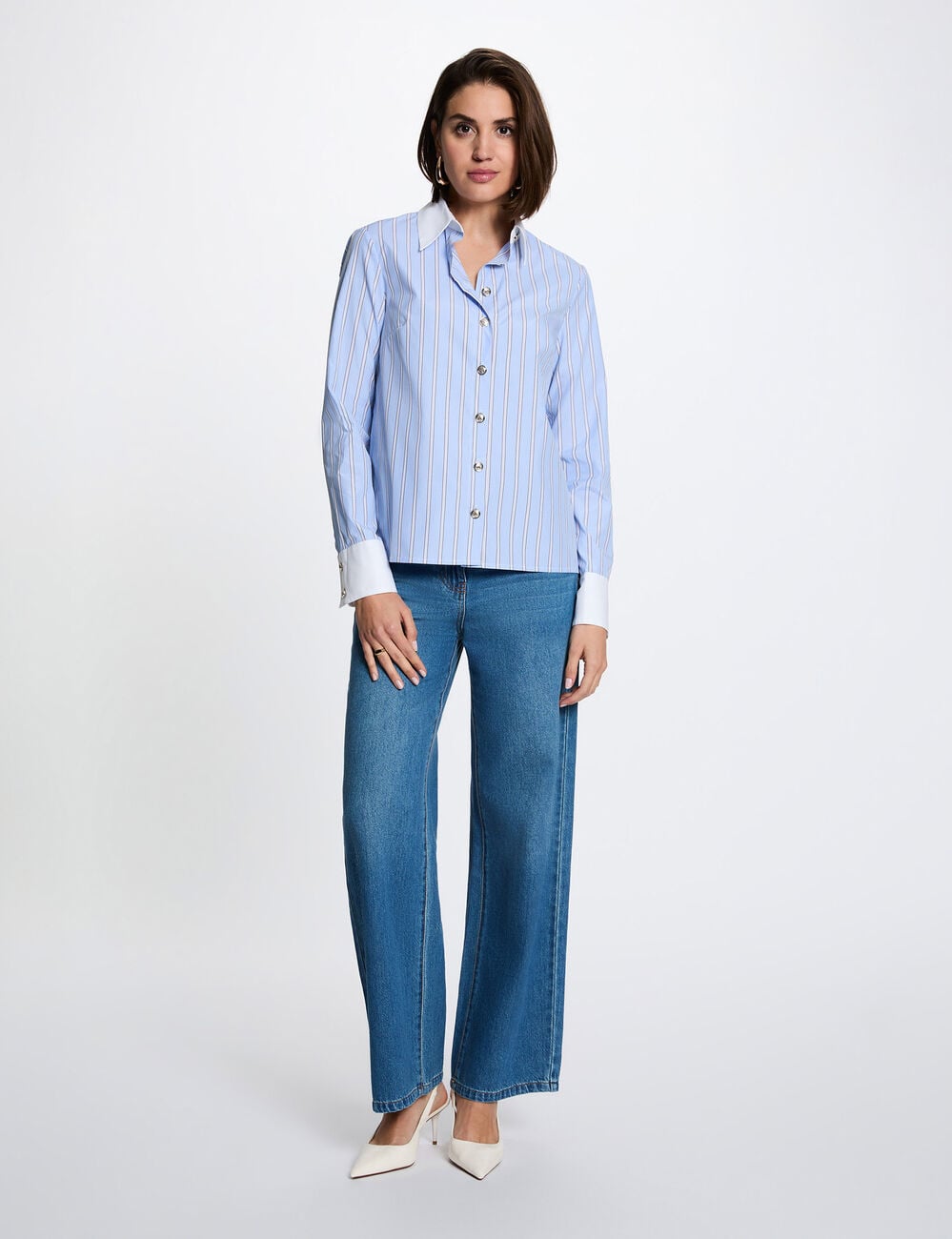 Camisa de rayas con cuello contrastado azul cielo mujer