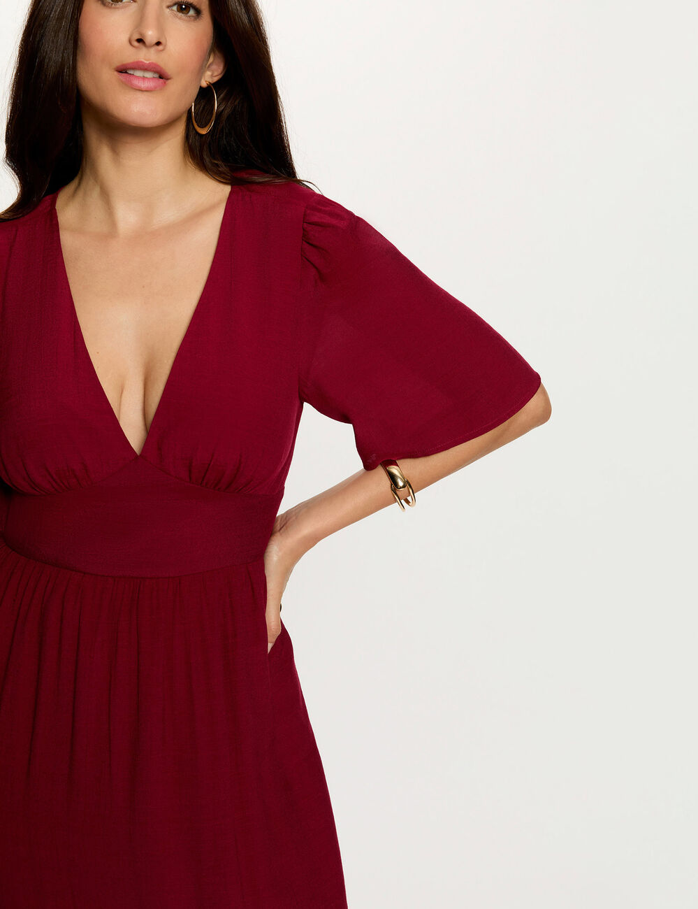 Vestido largo con cuello en V burdeos mujer
