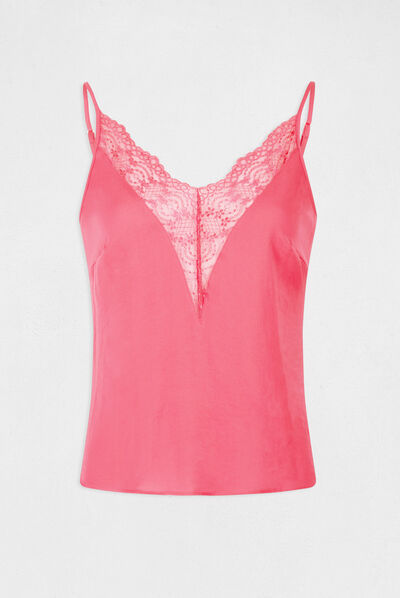 Blusa con tirantes finos y encaje rosa mujer