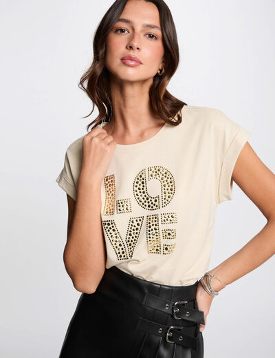 Camiseta con mensaje beige mujer