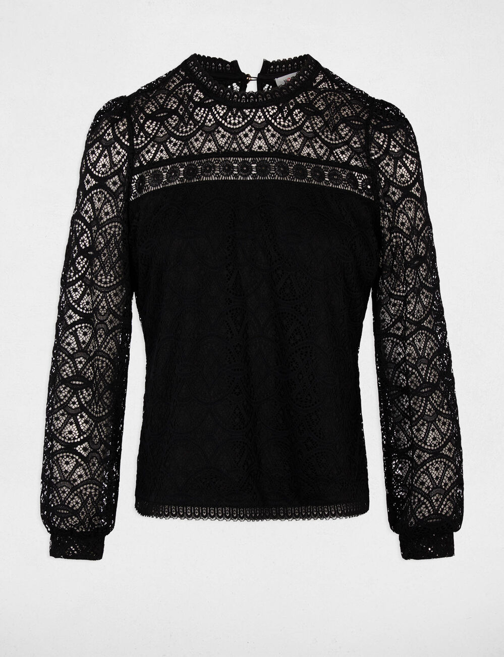 Camiseta de encaje manga larga negro mujer