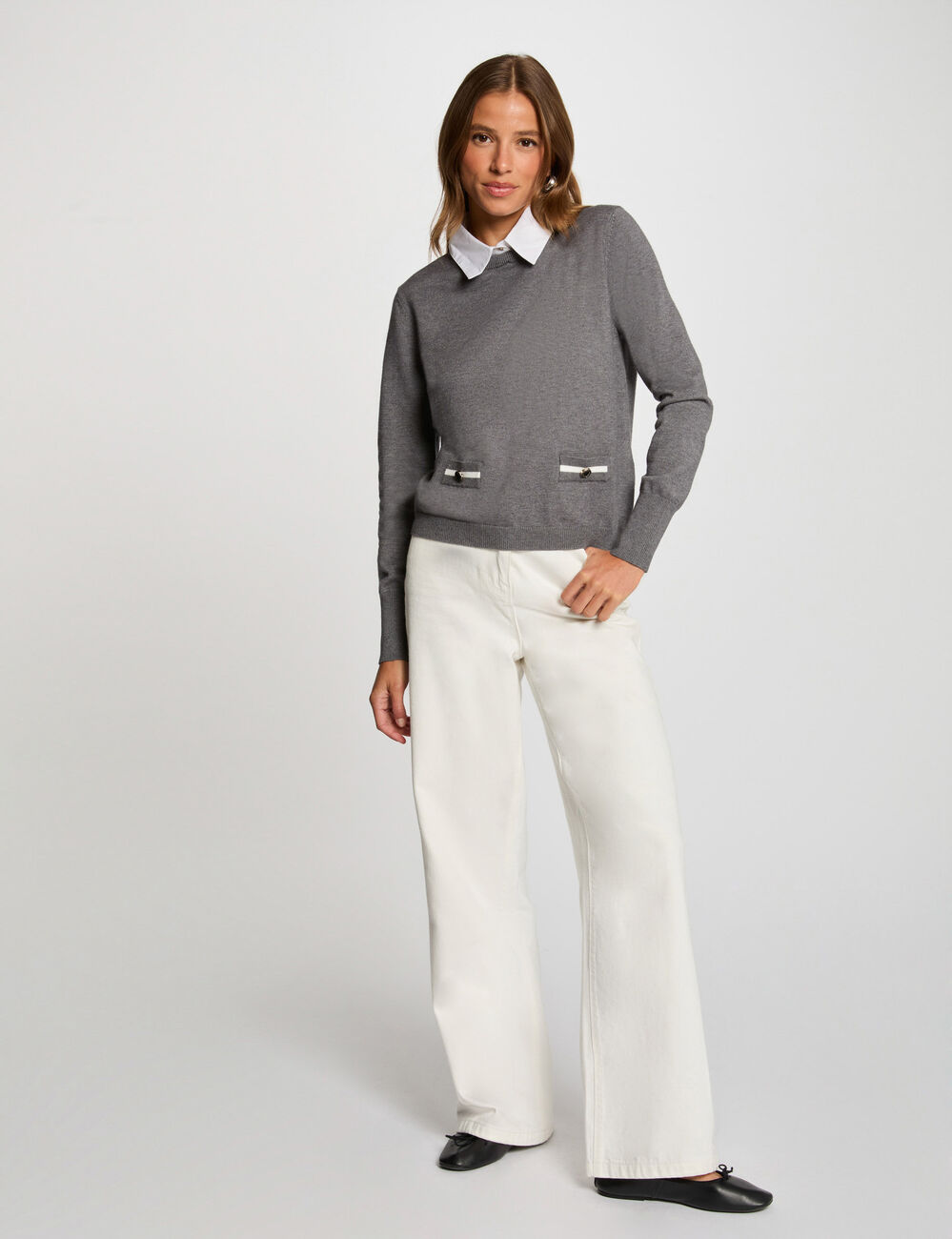 Jersey cuello tipo camisa gris oscuro mujer