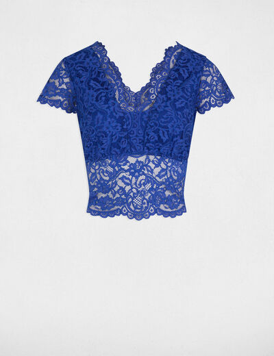 Camiseta encaje y escote en V azul eléctrico mujer