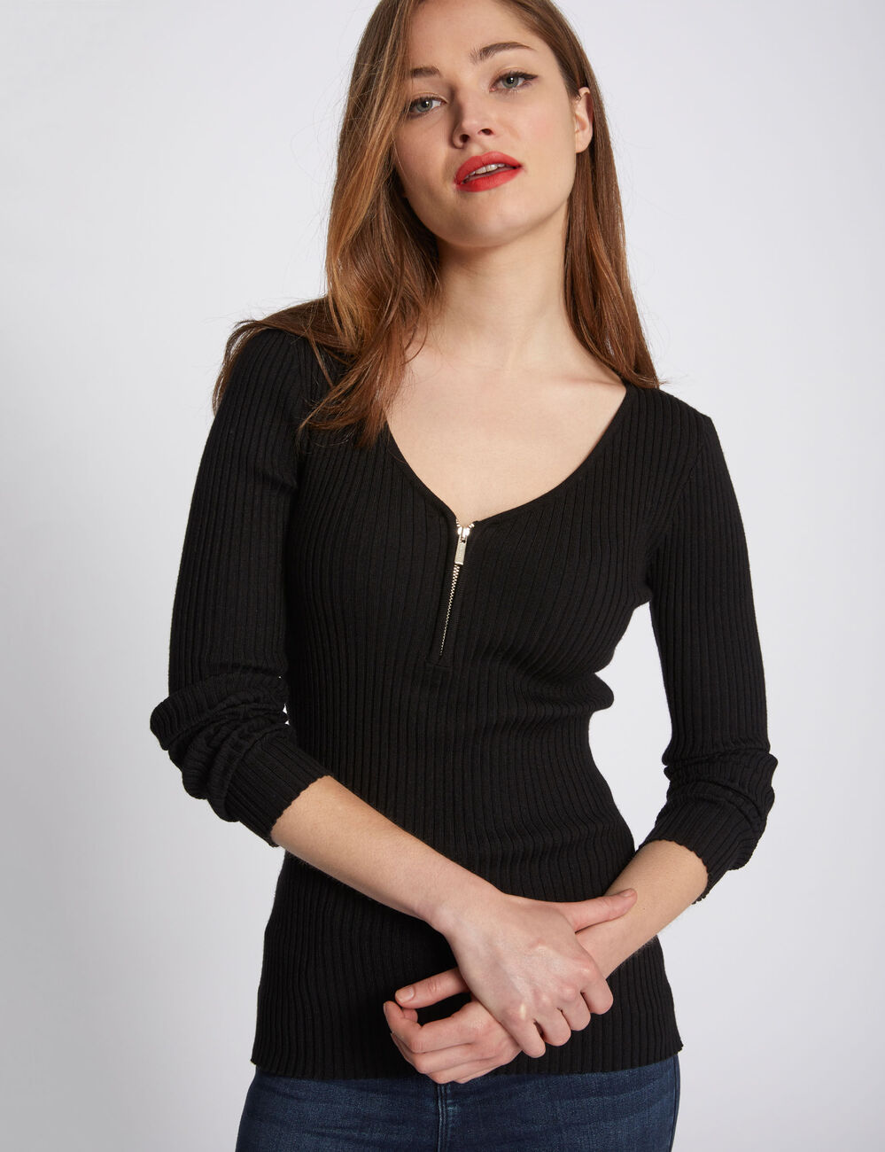 Jersey manga larga punto acanalado negro mujer