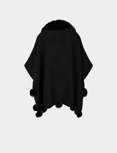 Poncho con pompones negro mujer