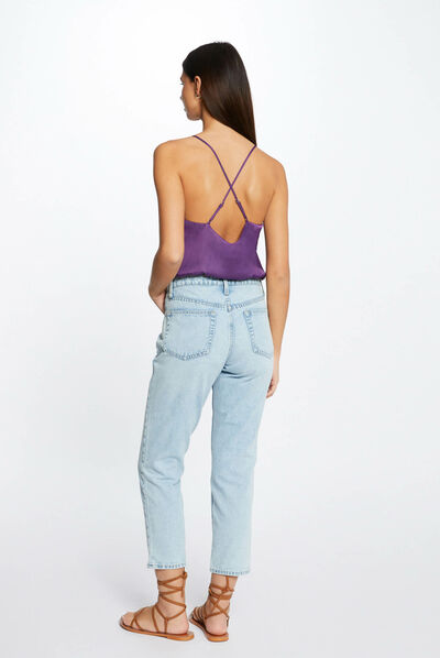 Blusa con tirantes finos y fruncidos morado oscuro mujer