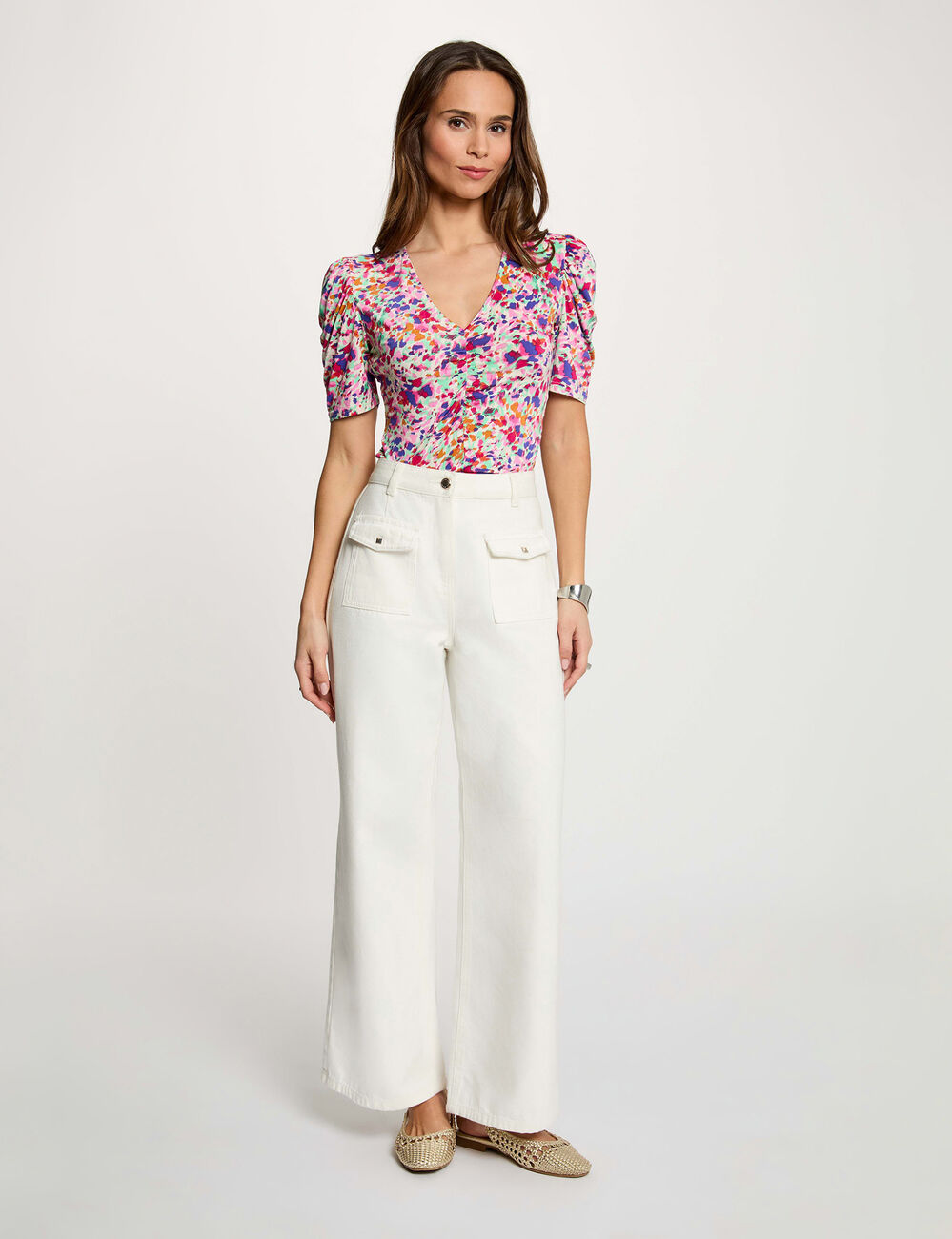 Camiseta ajustada cuello en v multicolor mujer