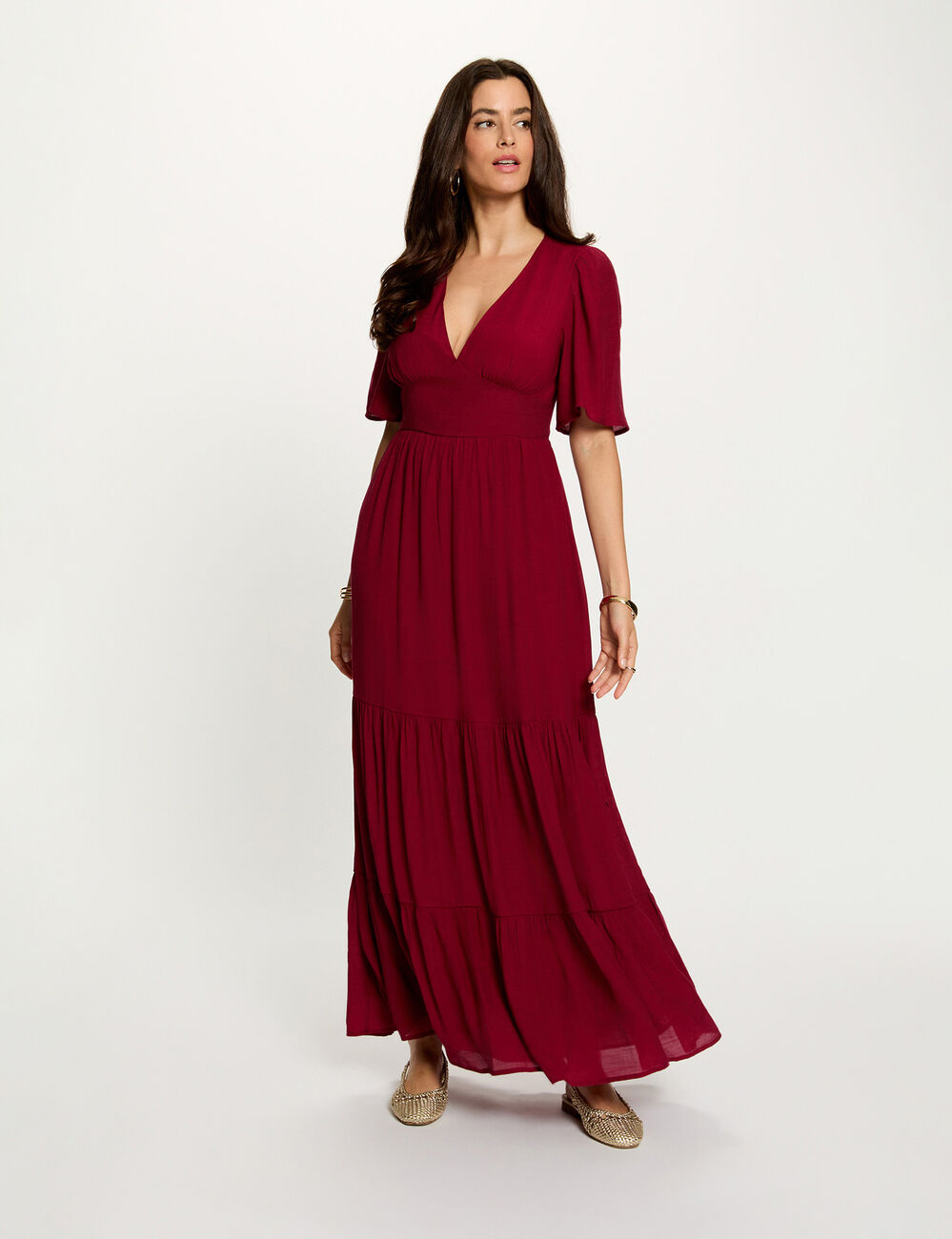 Vestido largo con cuello en V burdeos mujer