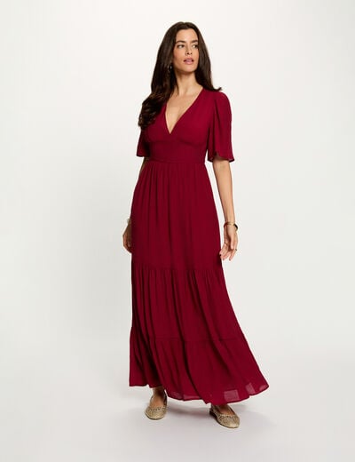 Vestido largo con cuello en V burdeos mujer