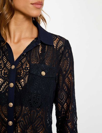 Camisa corta de encaje azul marino mujer