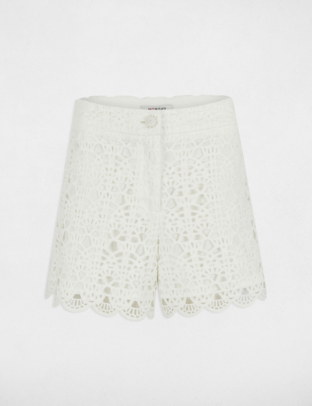 Short encaje pernera ancha blanco mujer