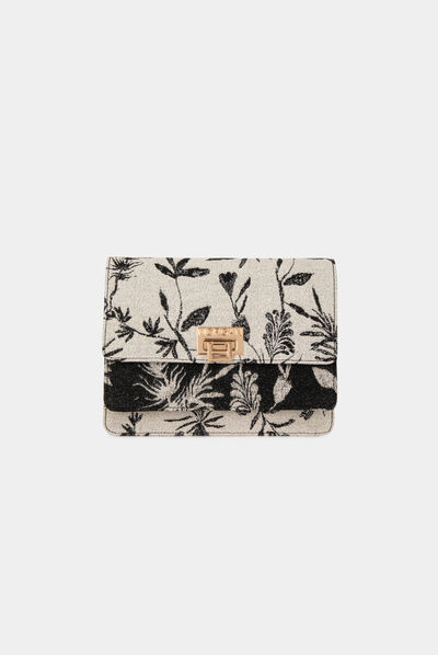 Bolso con solapa estampado vegetal negro mujer