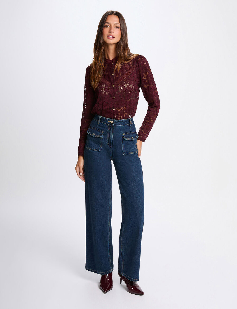 Camiseta encaje cuello alto ciruela mujer