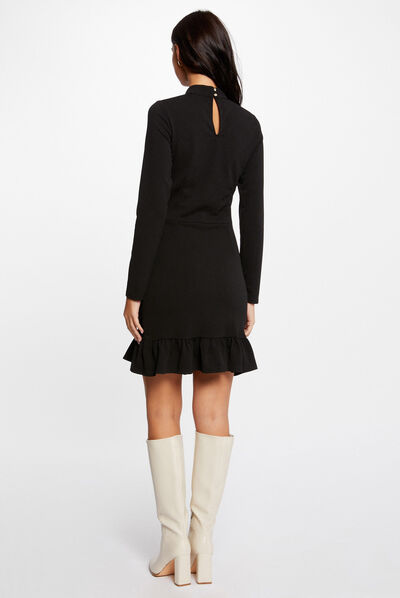 Vestido ajustado volantes y cuello alto negro mujer