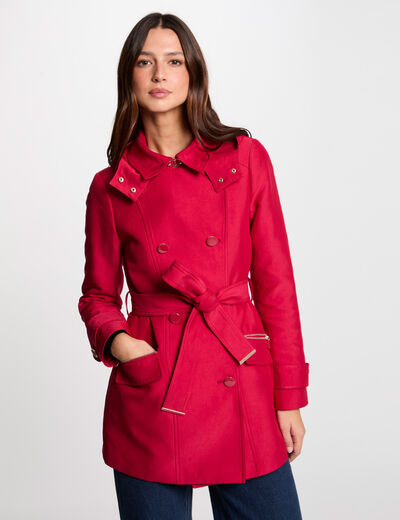 Gabardina entallada cinturón y capucha rojo mujer