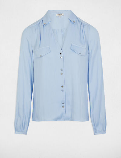 Camisa manga larga satinada azul cielo mujer
