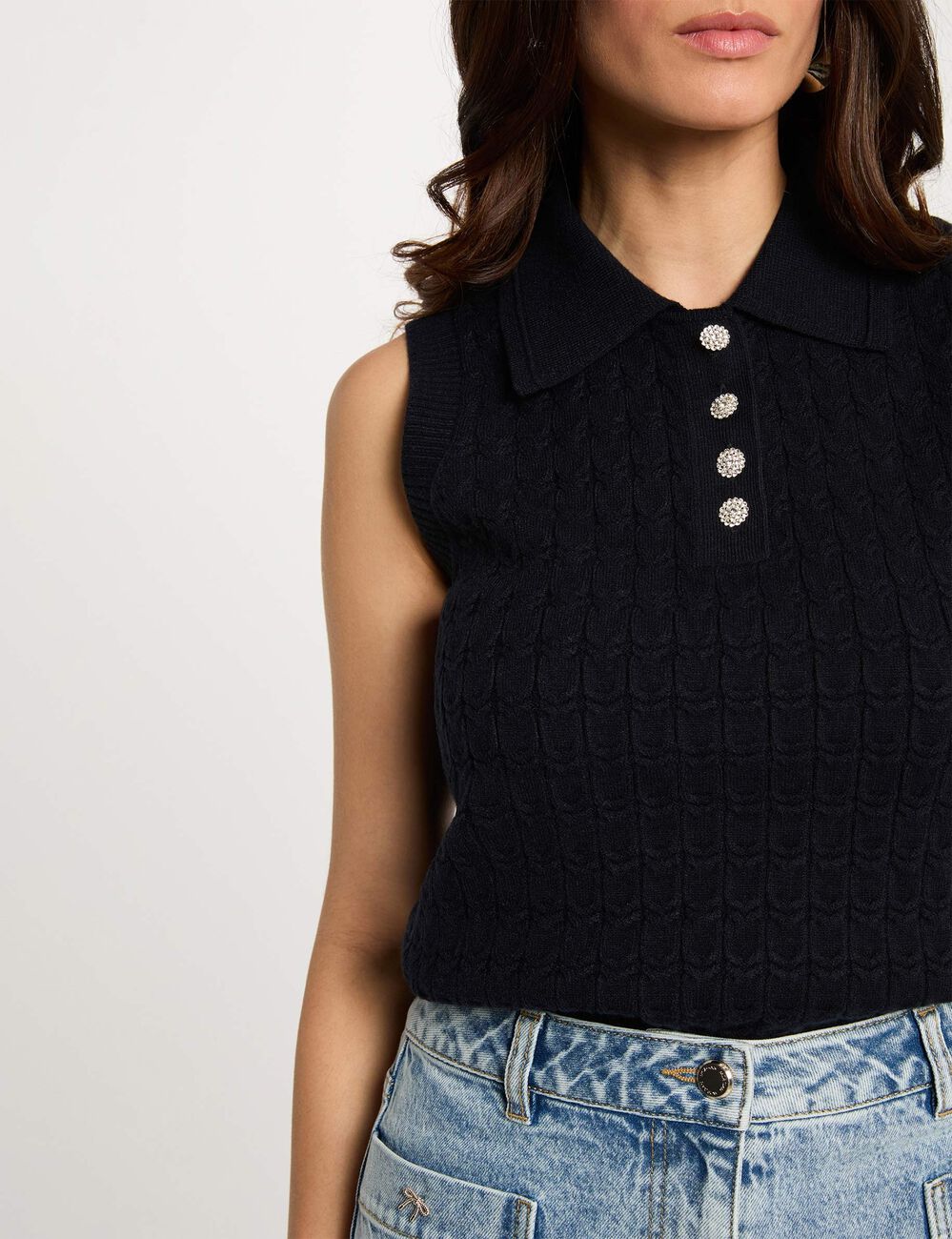 Camiseta sin mangas con cuello vuelto azul marino mujer
