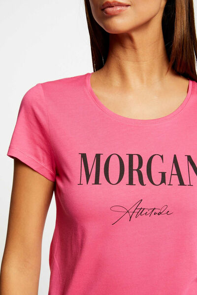 Camiseta de manga corta con mensaje fucsia mujer