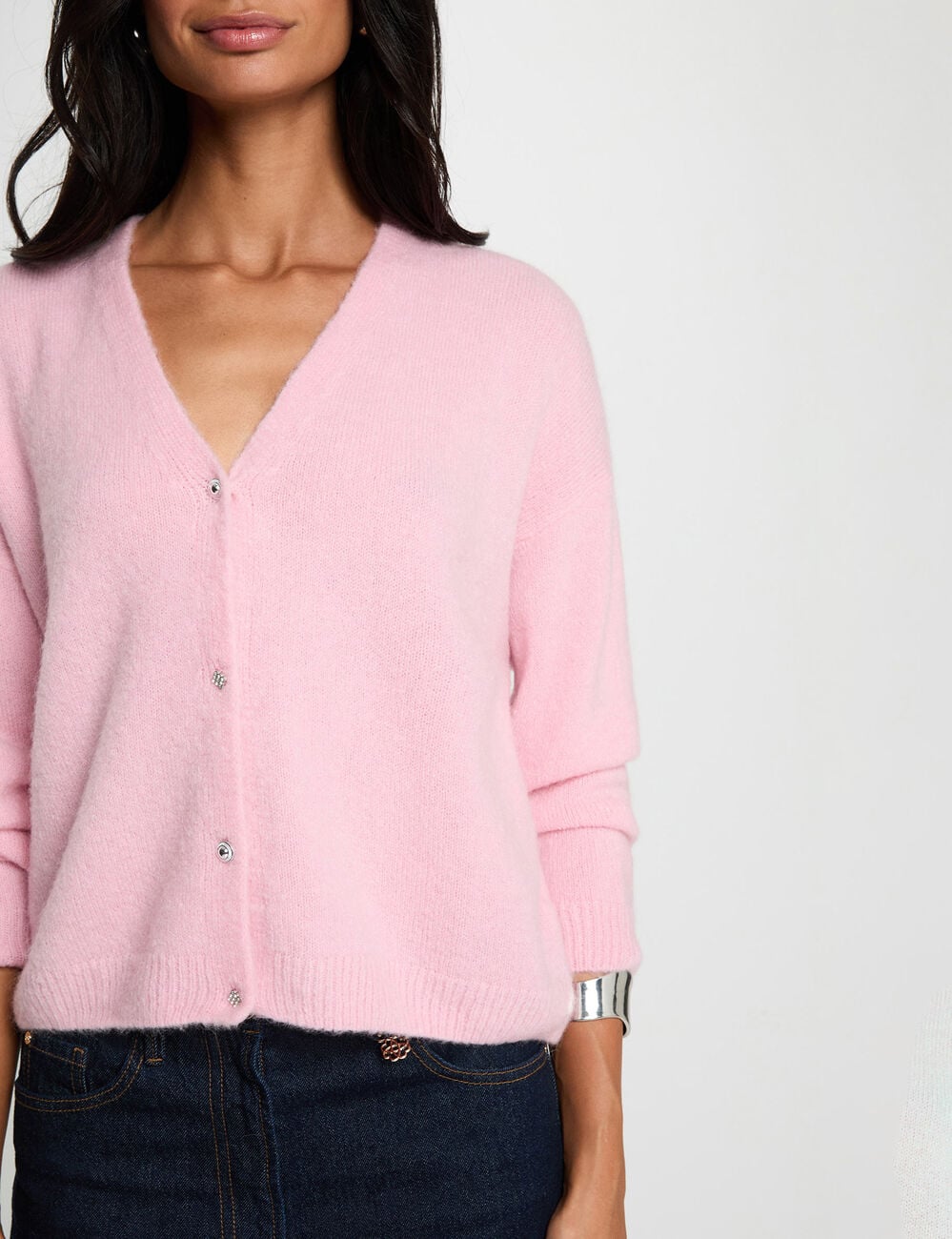 C&aacute;rdigan de punto con cuello en V rosa pastel mujer