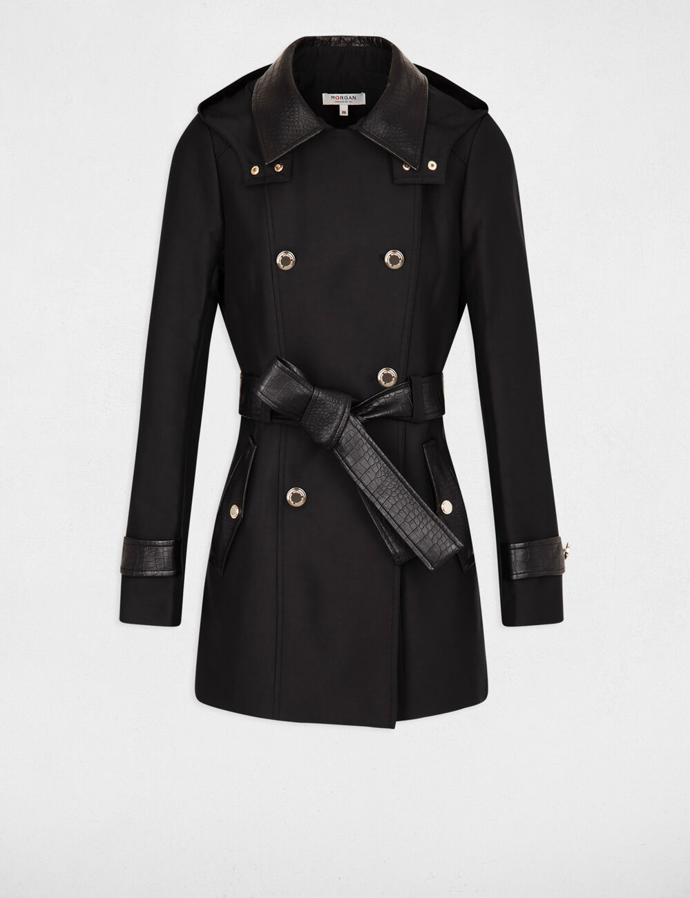 Gabardina con cuero sintético negro mujer