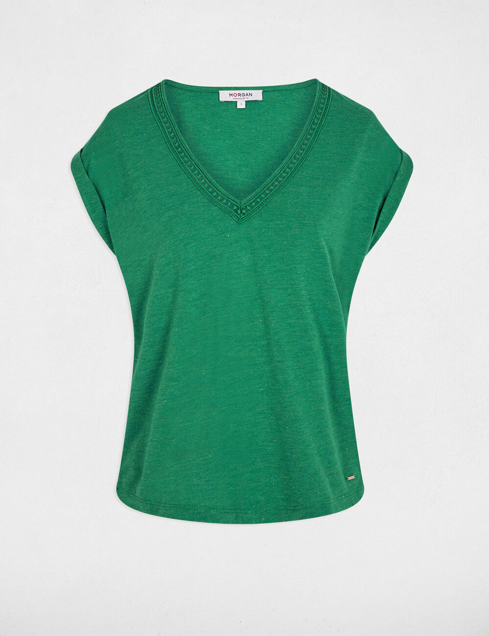 Camiseta brillante cuello v verde pradera mujer