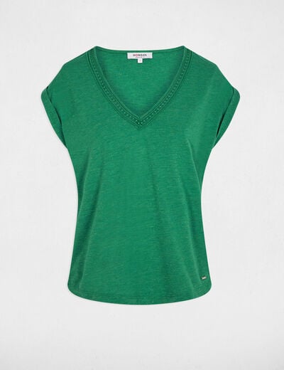 Camiseta brillante cuello v verde pradera mujer