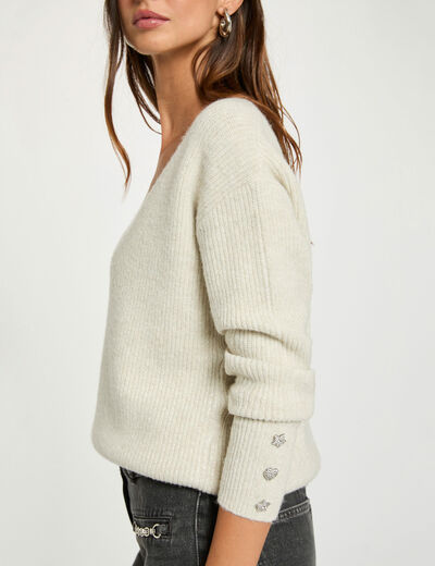 Jersey cuello en V oversize marfil mujer