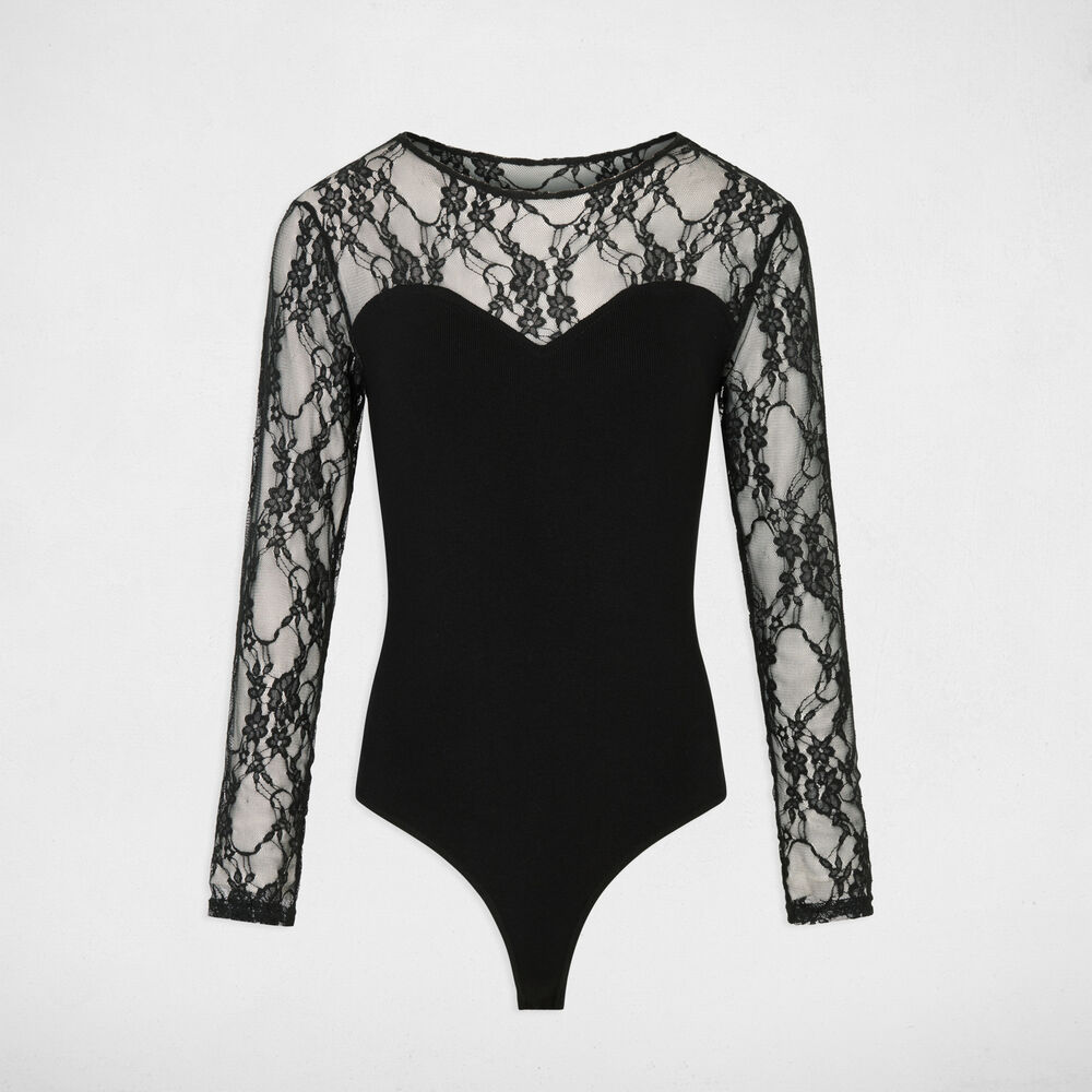 Body de encaje con cuello redondo negro mujer