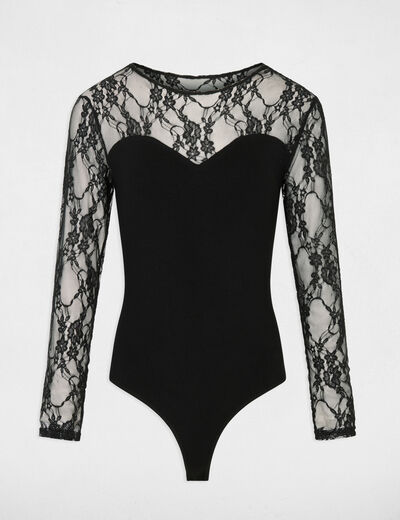 Body de encaje con cuello redondo negro mujer