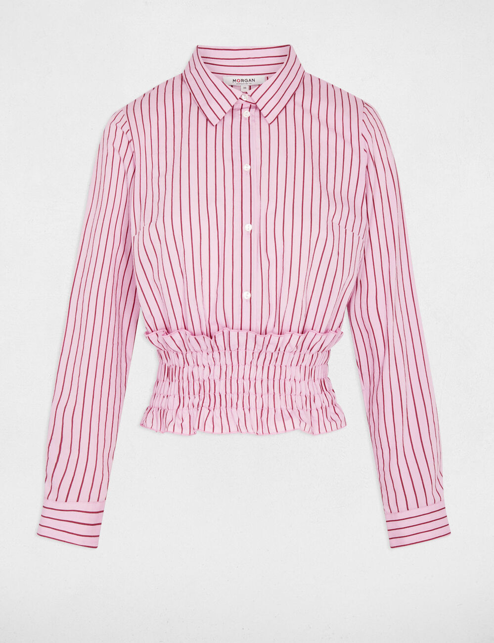 Camisa de rayas con cuello vuelto rosa mujer