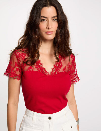 Camiseta manga corta con encaje rojo mujer