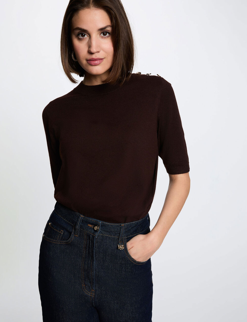 Jersey cuello redondo mangas cortas marr&oacute;n oscuro mujer
