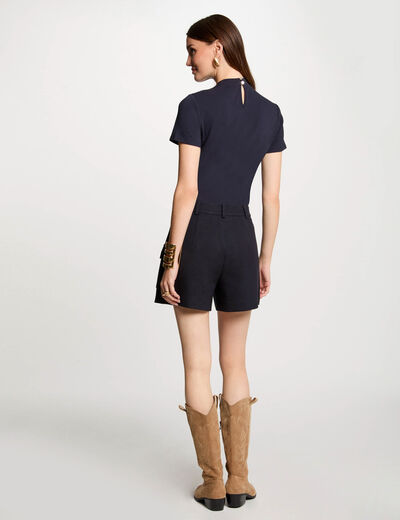 Short recto bolsillos solapa azul marino mujer